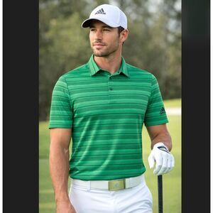 Adidas Golf Polo Shirt Small Green Stripe PrimeGreen Snap Collar UV Outdoor NWT